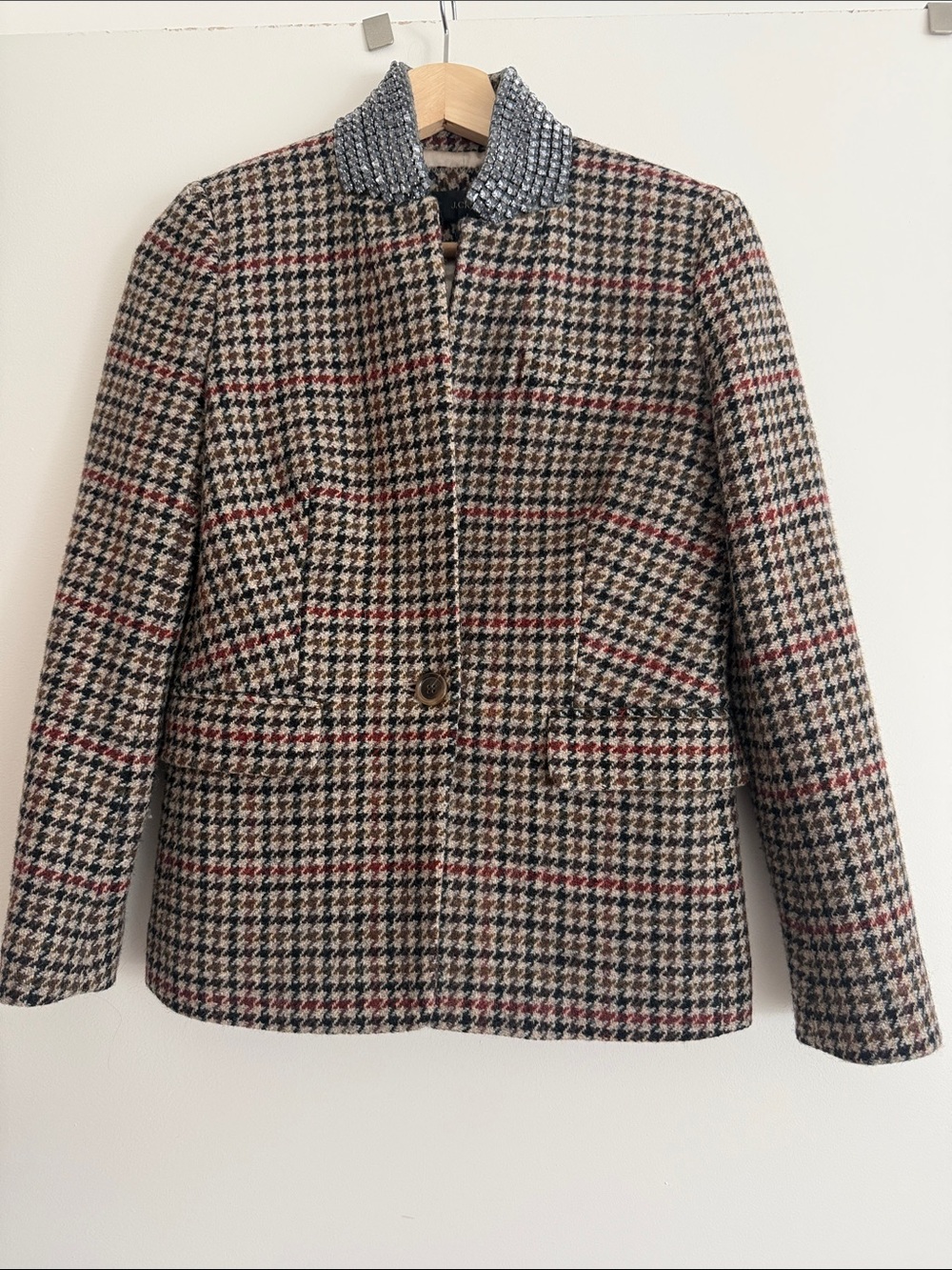 Jcrew Womens Houndstooth Wool Jacket with crystal collar